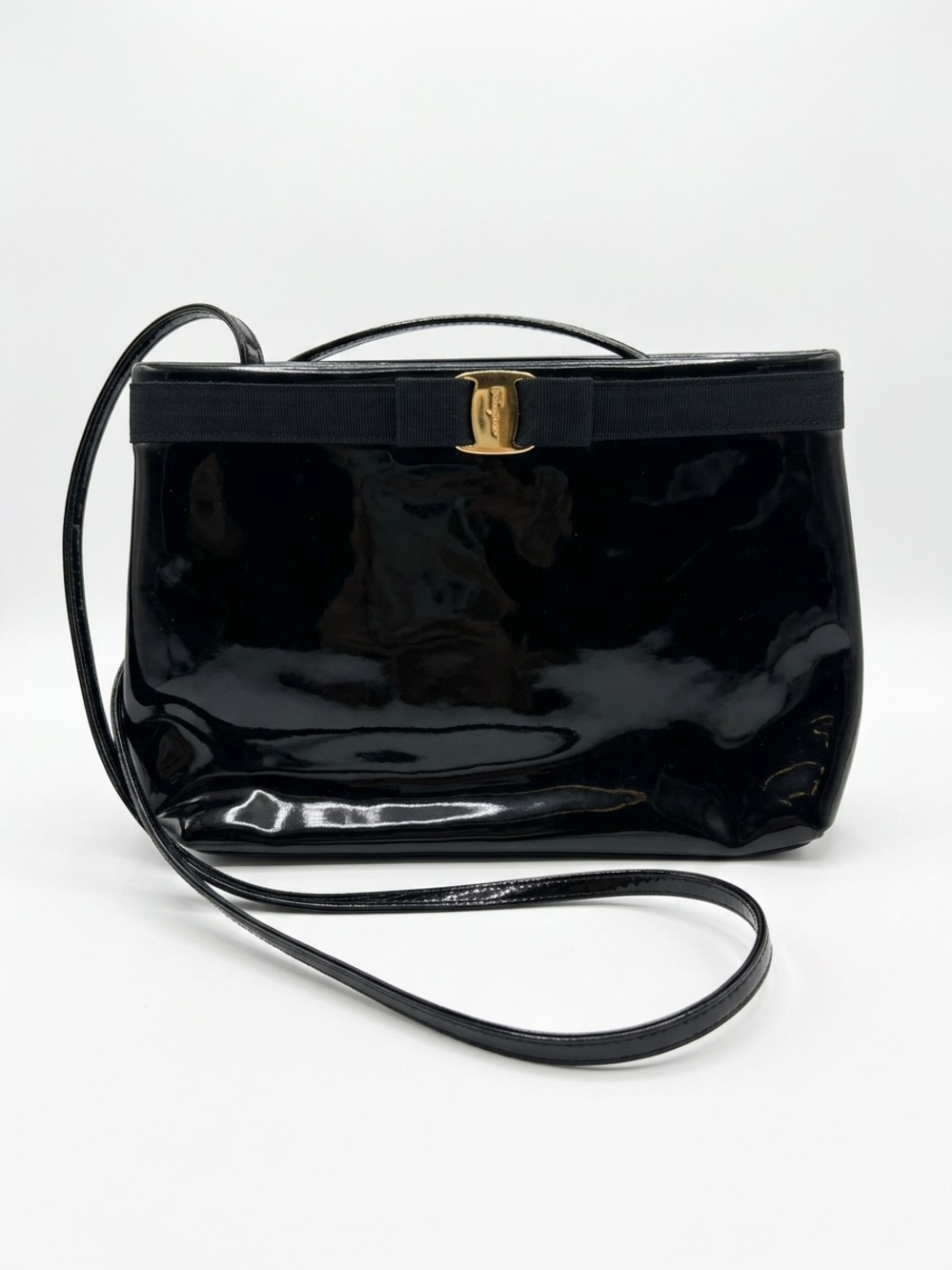Vtg Salvatore Ferragamo Glossy Leather Vara Bow Crossbody Bag Nordstrom Tag DS